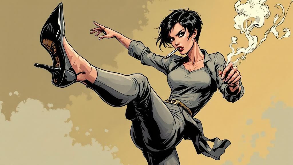 Adora Belle in a dramatic ballet-inspired kick pose with deadly stiletto heels