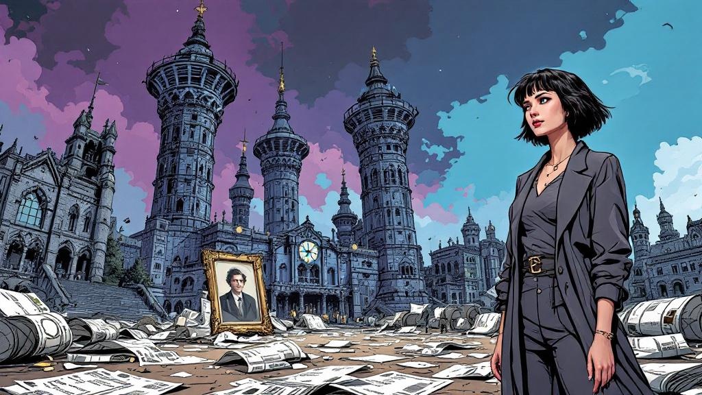 The fall of the Dearheart family empire, with silent Clacks towers and scattered documents of betrayal