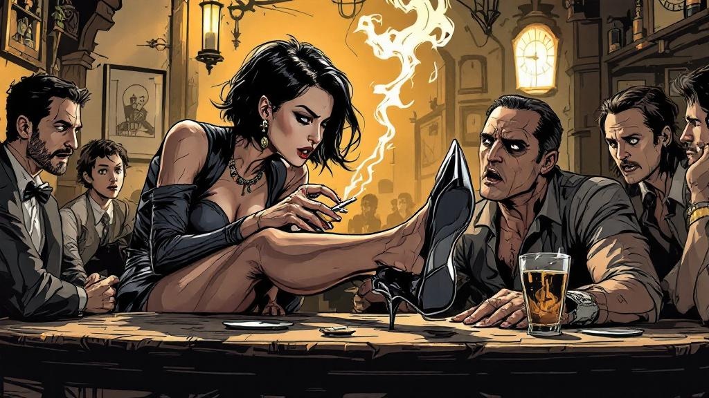 Adora Belle Dearheart demonstrating her stiletto heel technique on an unwelcome admirer in a tavern