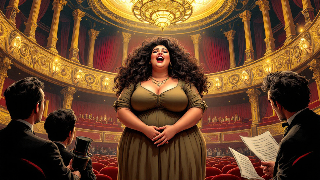 Agnes Nitt singing alone on a vast opera stage while stunned managers stare from the stalls