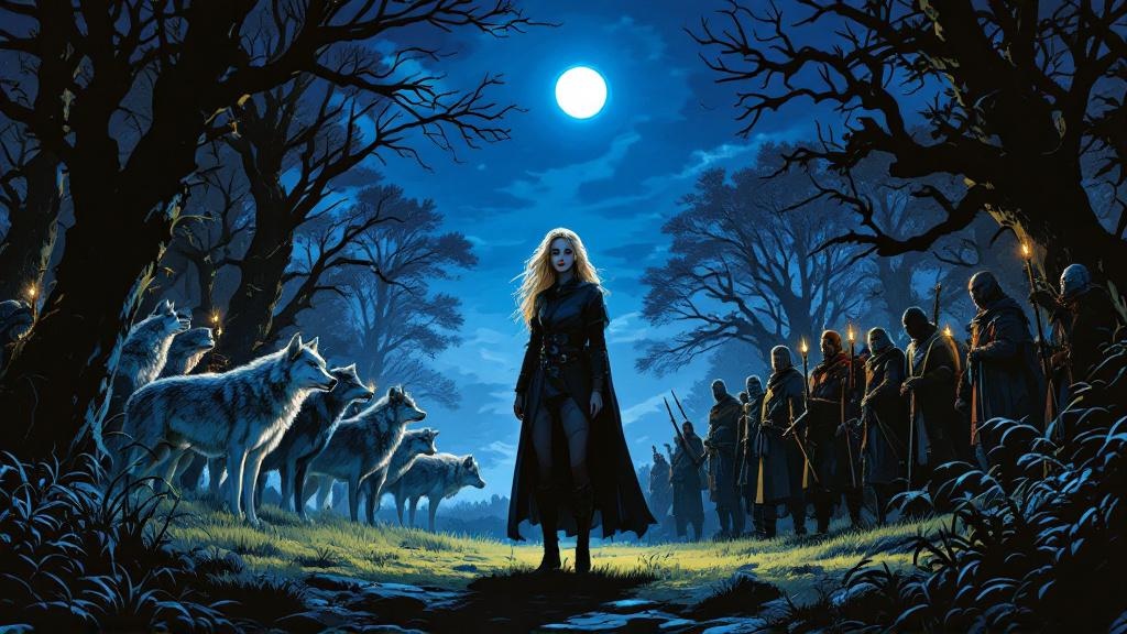 Angua standing alone between a wolf pack and a group of humans, both watching her with wariness