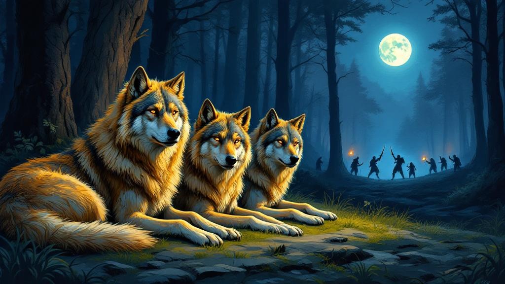 Peaceful wolves watching from a forest while human silhouettes engage in conflict in the distance