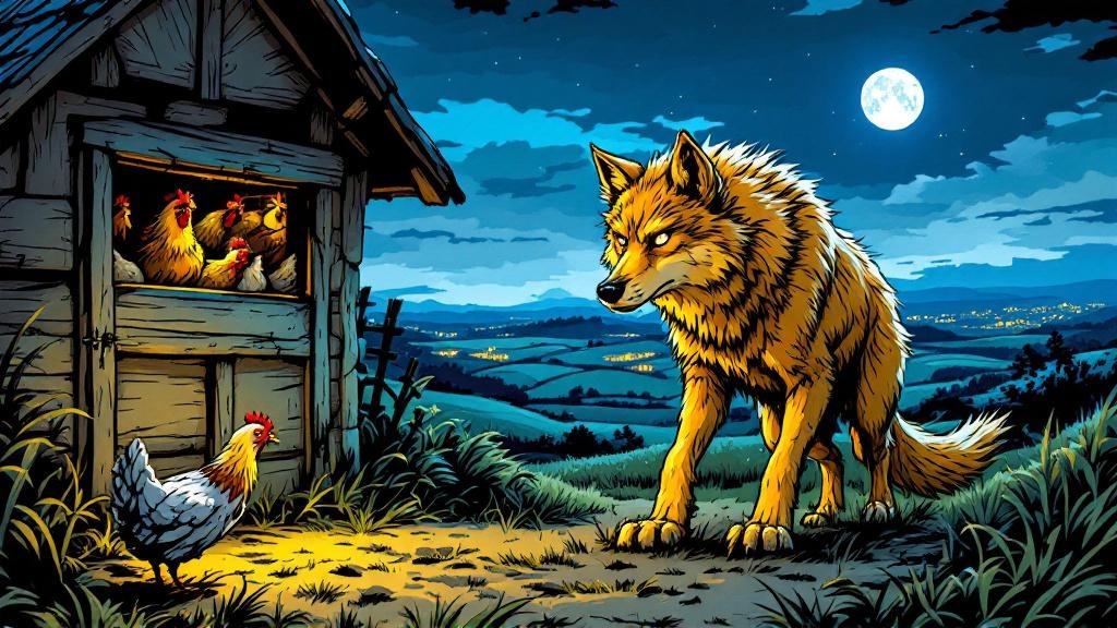 A golden wolf in moonlight prowling past a henhouse, looking conflicted between predator instinct and conscience