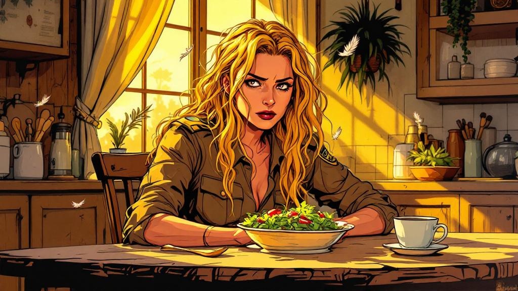 A woman with tangled golden hair sitting at a kitchen table looking at a salad with grim determination, feathers in her hair