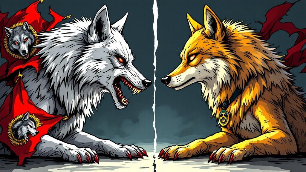 Two wolves side by side—one snarling with crimson eyes and silver-white fur, one golden and calm with thoughtful amber eyes