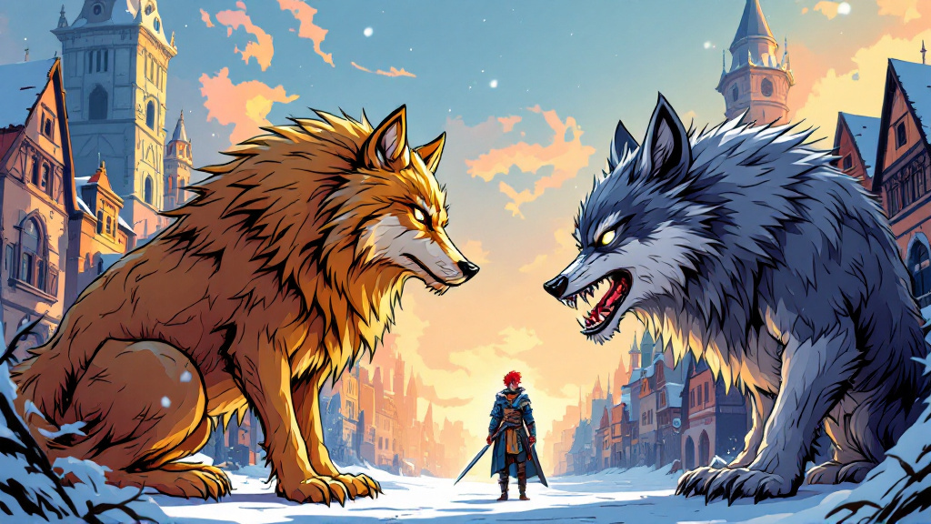 A graceful golden-furred wolf facing down a huge, wild-eyed grey wolf across a snowy town square at dawn, a red-haired young man in armour standing in the distance between them
