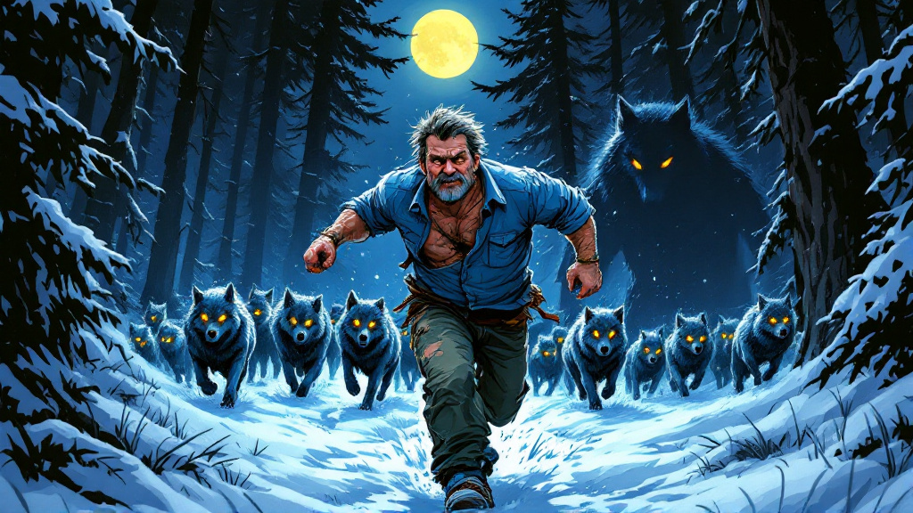 A tough, unshaven man in a torn shirt running barefoot through a snowy pine forest at night, glowing wolf eyes following between the trees
