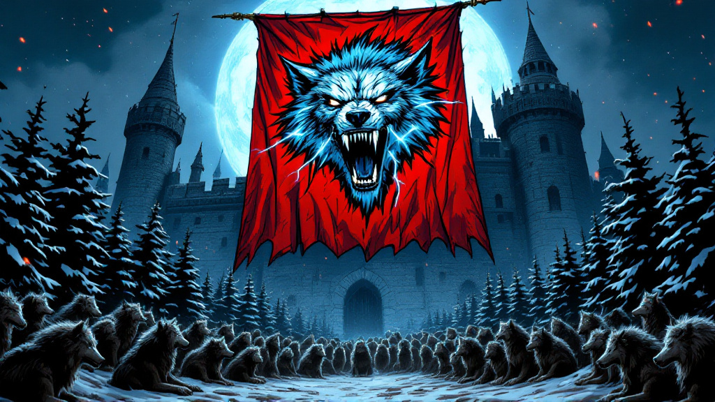 A crimson banner bearing a silver snarling wolf's head with lightning in its jaws, hanging from a dark castle in a snowy forest