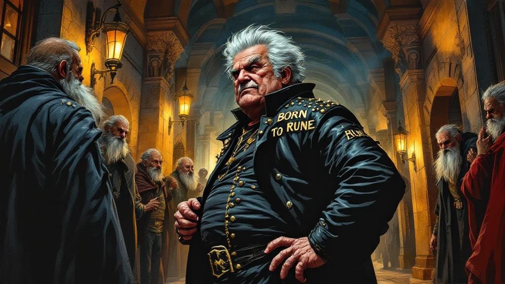 The Dean of Unseen University in a leather jacket with 'Born to Rune' in studs, hair greased into a quiff