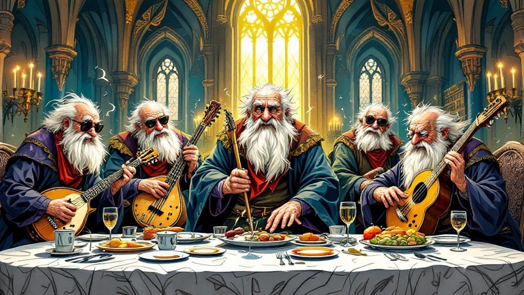 Elderly wizards forming a rock band in the Great Hall of Unseen University, one on drums using dining tableware