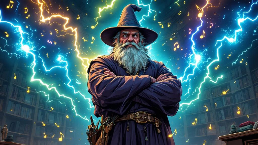 Archchancellor Ridcully standing with arms crossed, completely unaffected while musical chaos swirls around him