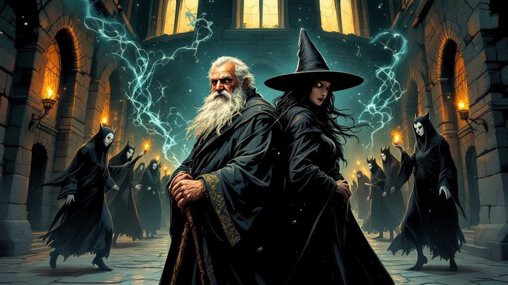 A wizard with a staff and a witch standing back-to-back, facing approaching elven figures