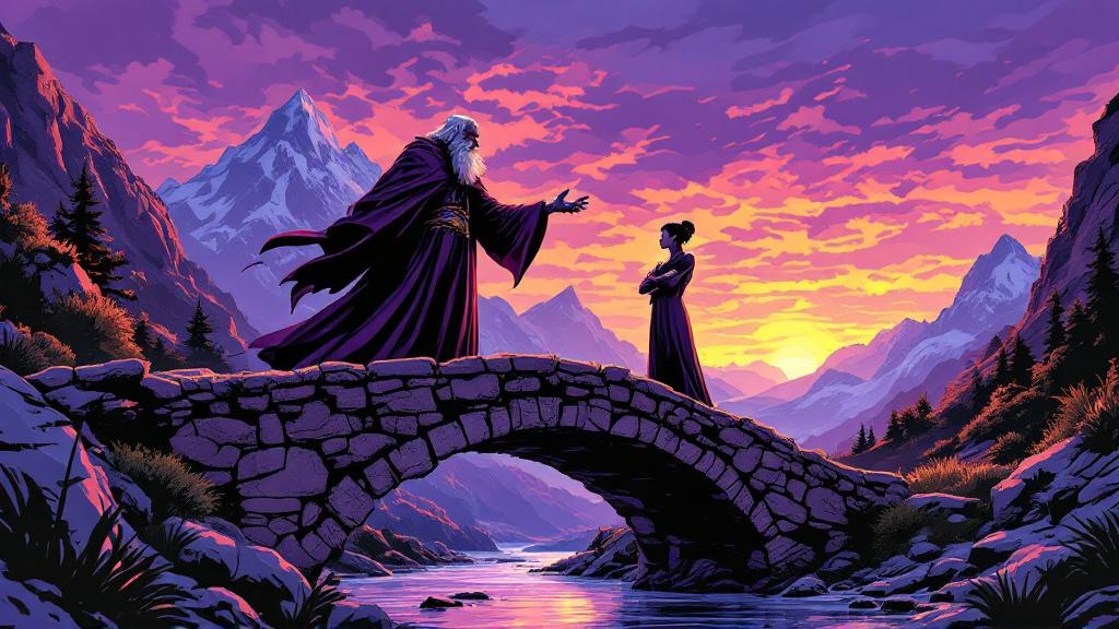Two older figures standing on a stone bridge at twilight, one gesturing passionately while the other stands with arms crossed