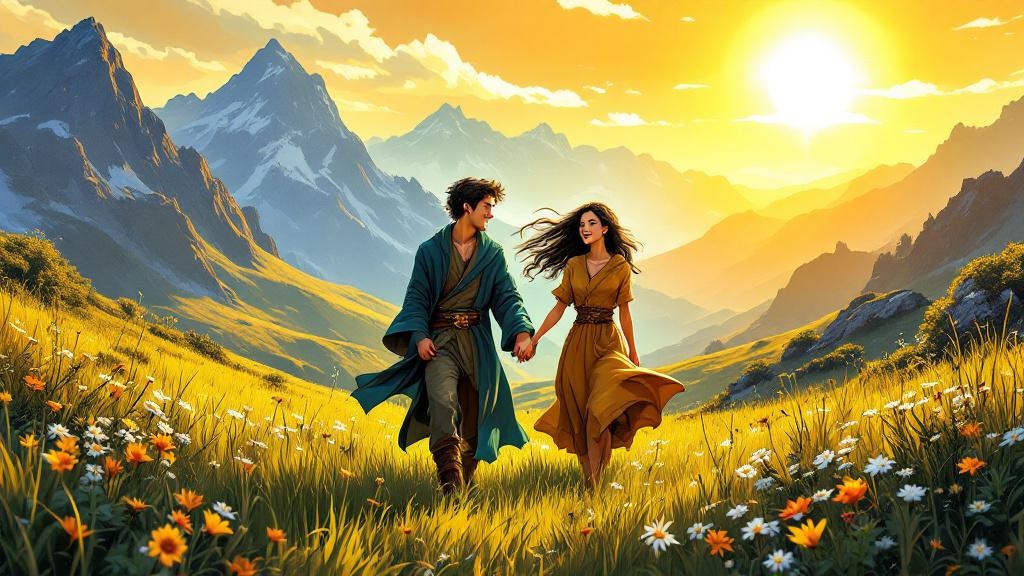 A young wizard and a young woman walking together through the Ramtop mountains in summer sunlight