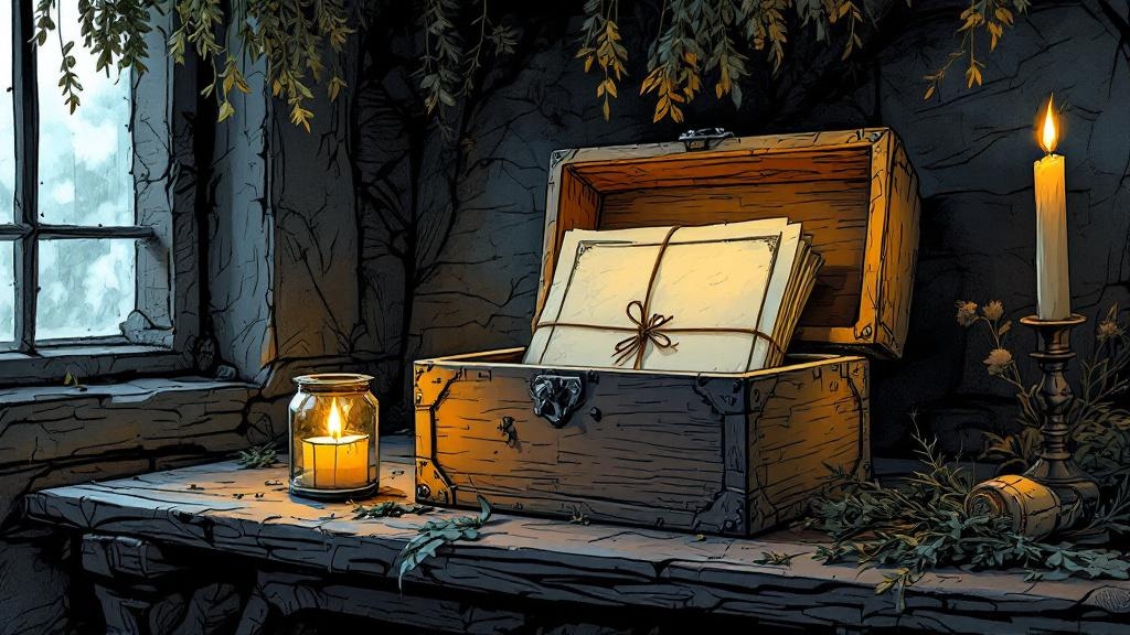 A small wooden box on a cottage shelf containing old folded letters tied with string