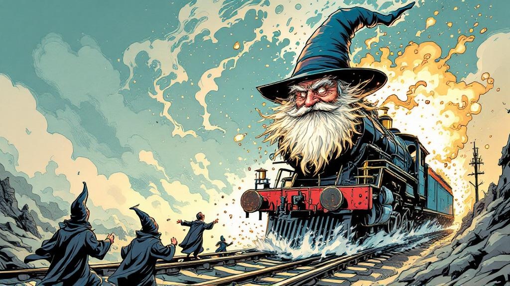 A wizard whose determination is visualized as a powerful steam locomotive charging forward
