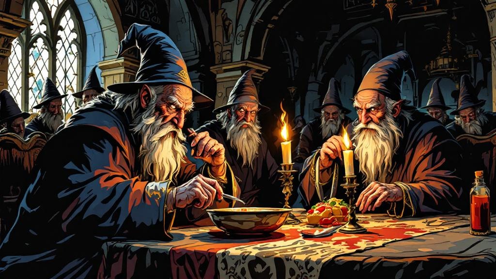Paranoid wizards at a university dinner, suspiciously eyeing their soup and each other