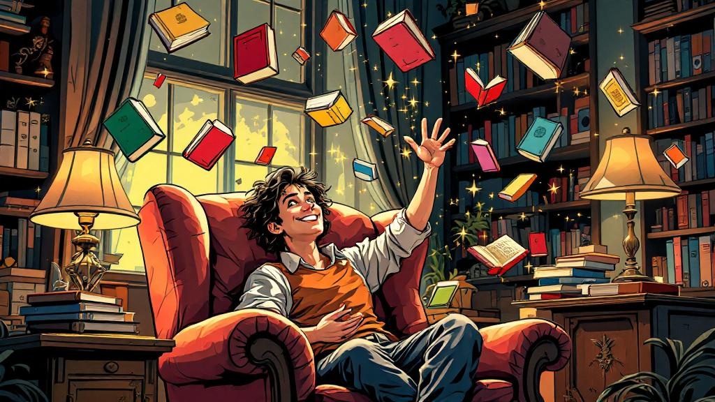 A reader freely choosing from floating Discworld books