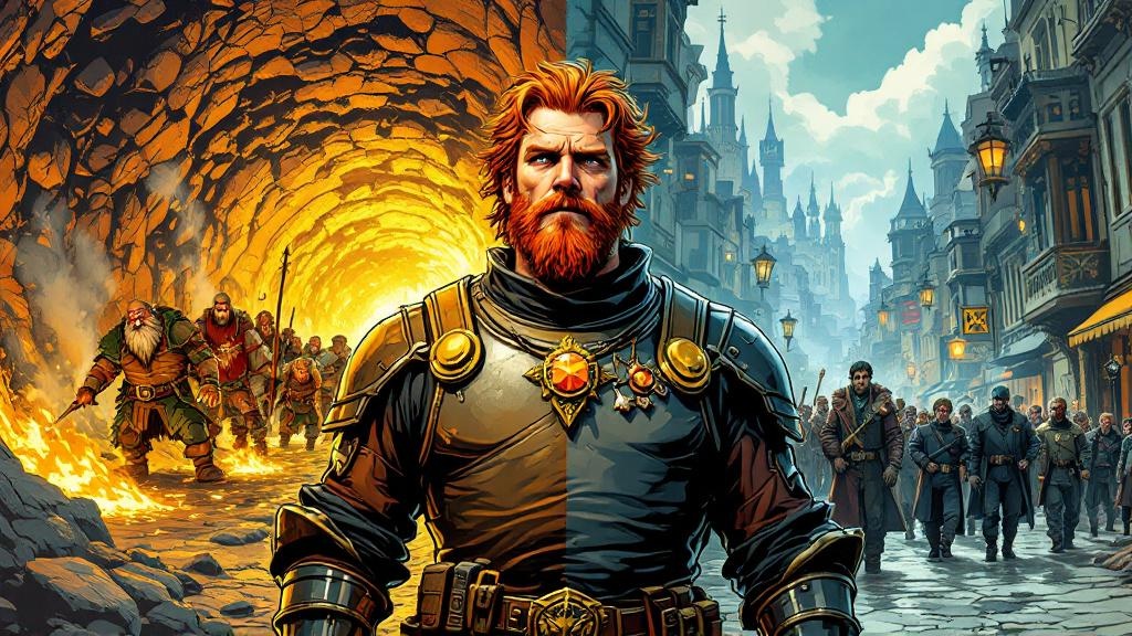 Carrot standing at the intersection of a dwarfish mine tunnel and an Ankh-Morpork city street, one foot in each world, comfortable in both, with dwarfs on one side and Watch members on the other