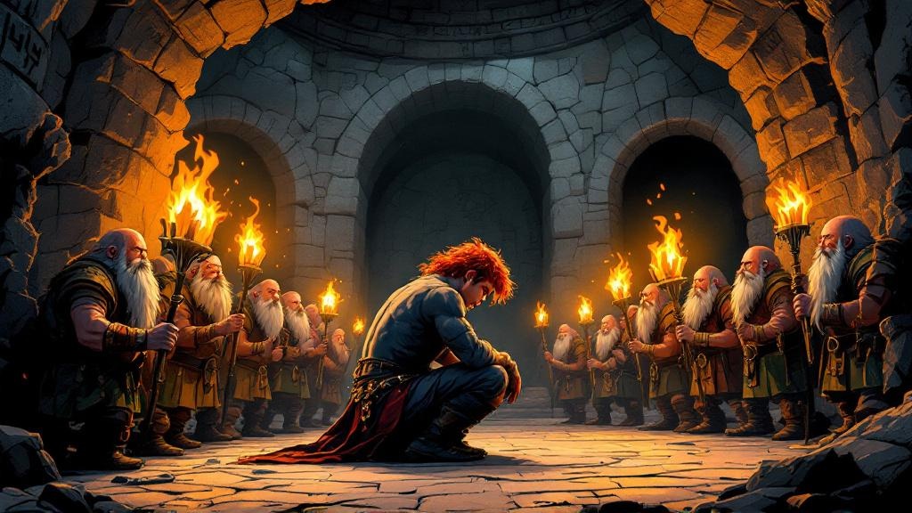 Carrot kneeling in a torchlit underground hall surrounded by dwarfs, completing a ceremonial ritual with mining tools, his head bowed solemnly despite towering over everyone present