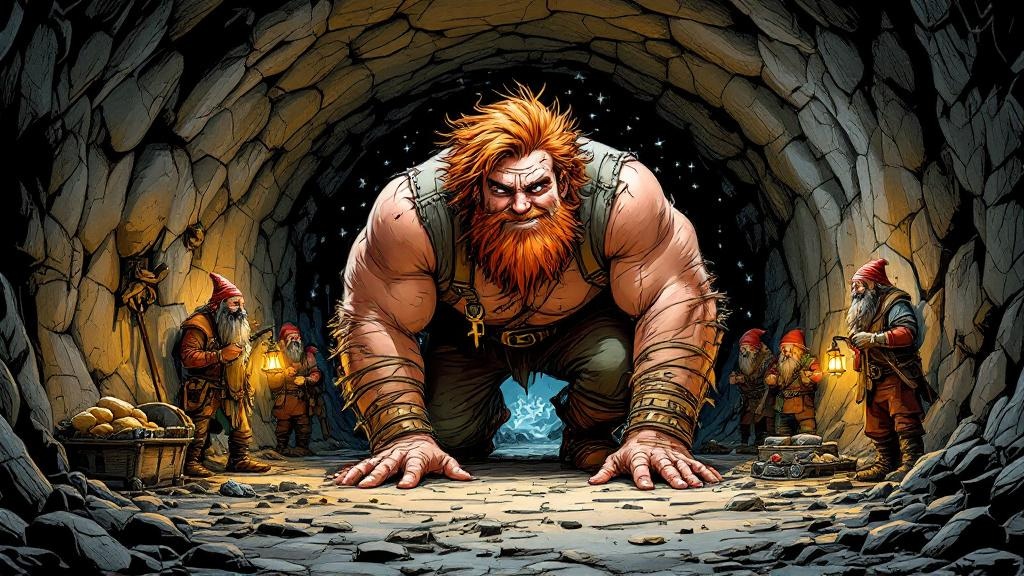 A towering young Carrot hunching through cramped dwarf mine tunnels, lantern light illuminating the low stone ceiling barely reaching his shoulders as smaller dwarfs work comfortably around him