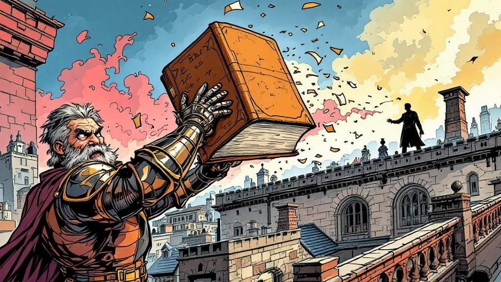 Carrot hurling a massive leather-bound book through the air at a startled criminal on a balcony, while Vimes watches with an expression of horrified realization