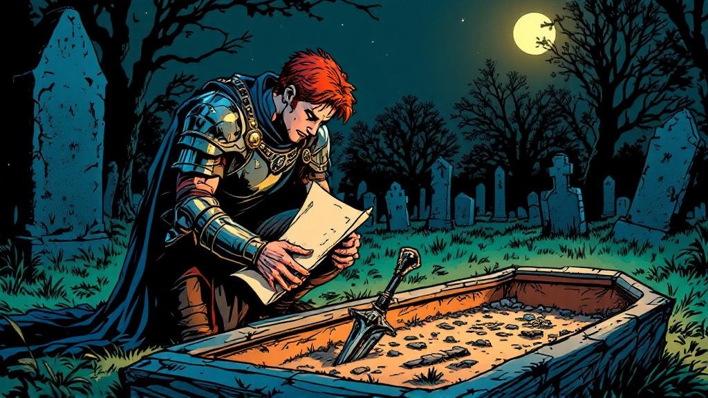 Carrot kneeling beside an open grave at night, reverently placing a scroll and the gonne into a wooden coffin, moonlight illuminating his grief and resolve