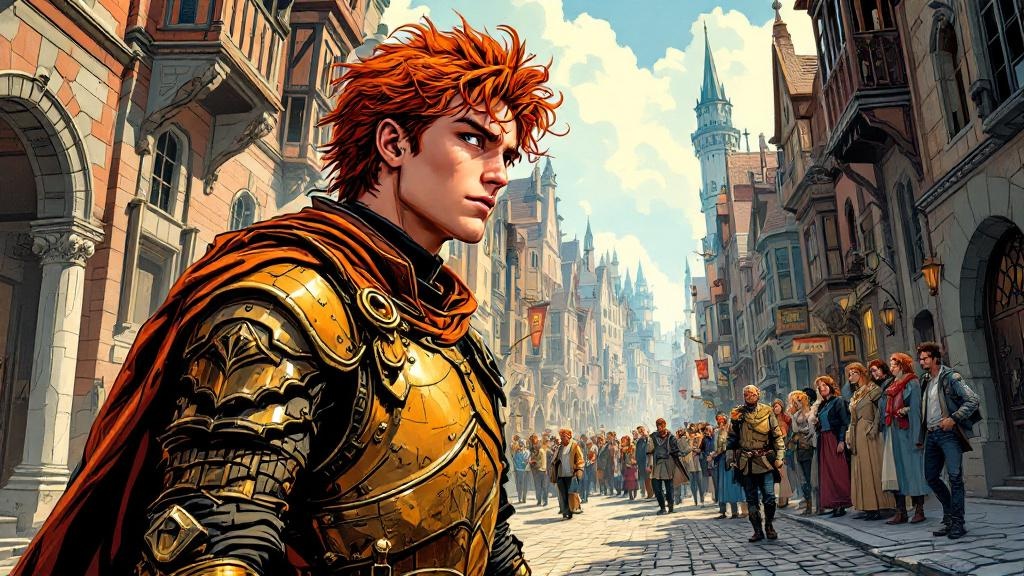 Carrot Ironfoundersson standing tall in Ankh-Morpork streets, wearing Watch armor but carrying himself with unconscious royal bearing as citizens look up at him