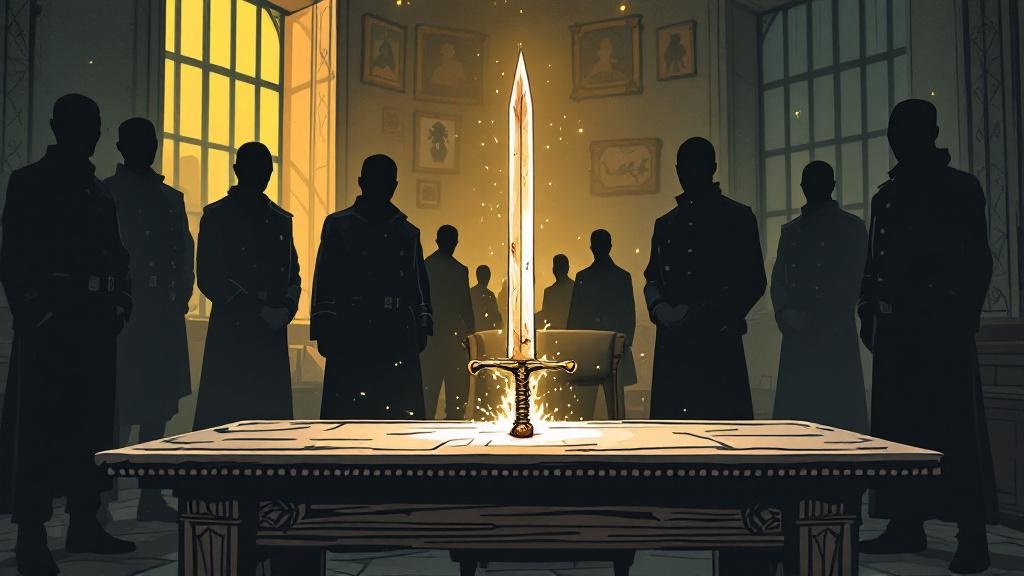 Carrot's legendary sword resting on a wooden desk, glowing subtly, with Watch officers standing at attention in the background