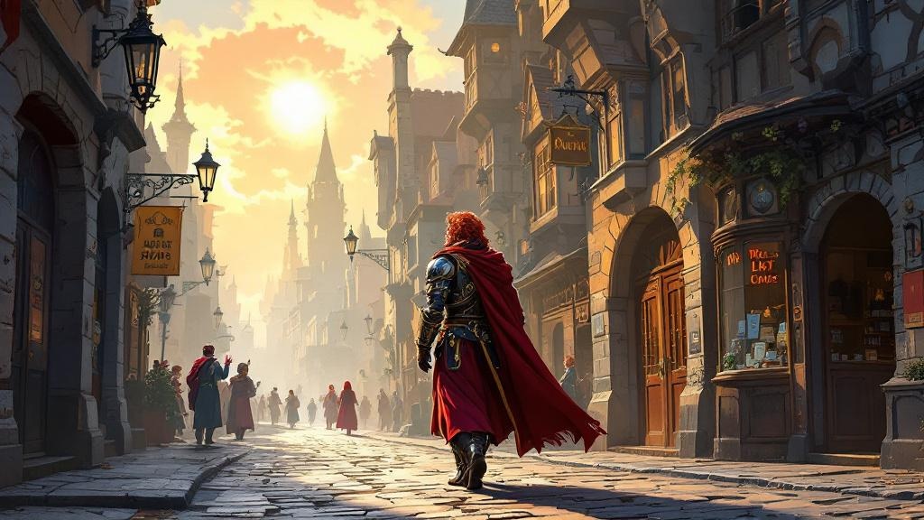 Carrot walking his patrol at dawn through Ankh-Morpork streets, shop owners waving to him, capturing the quiet heroism of choosing service over sovereignty