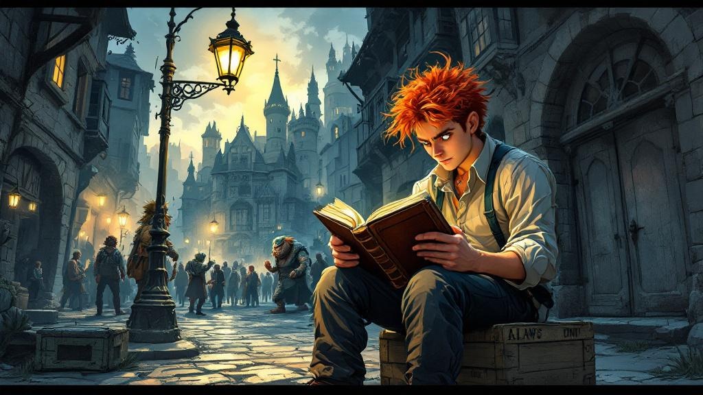 Carrot Ironfoundersson sitting under a lamp, earnestly reading a massive tome of laws while Ankh-Morpork's chaotic streets bustle behind him