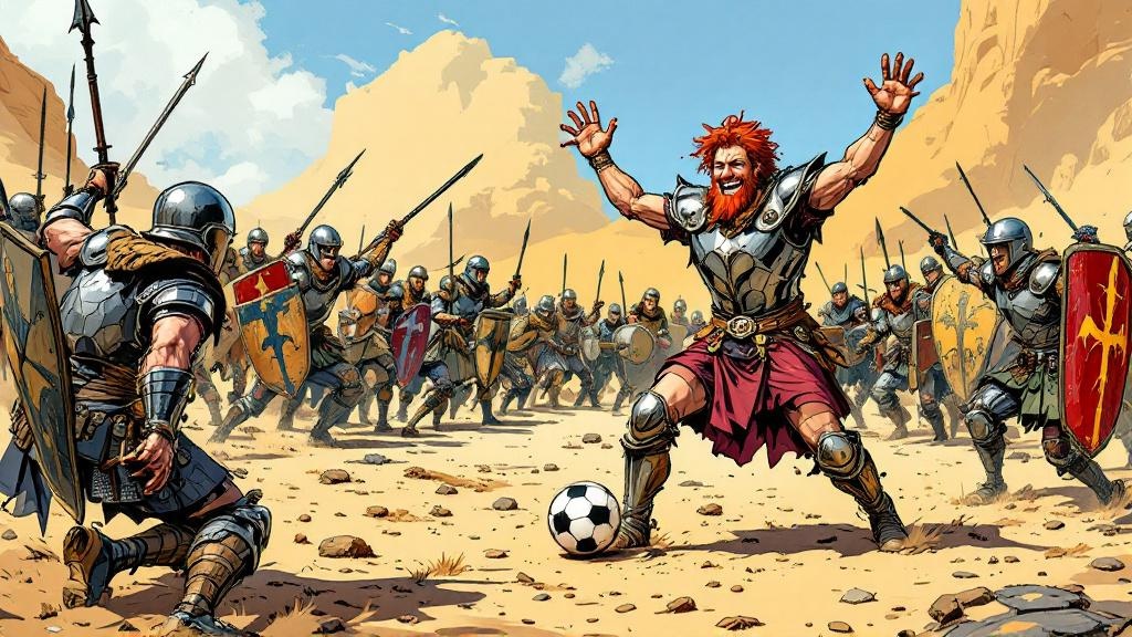 Soldiers from two opposing armies playing an improvised football match on a sandy battlefield, with Carrot standing among them as an impromptu referee, everyone grinning