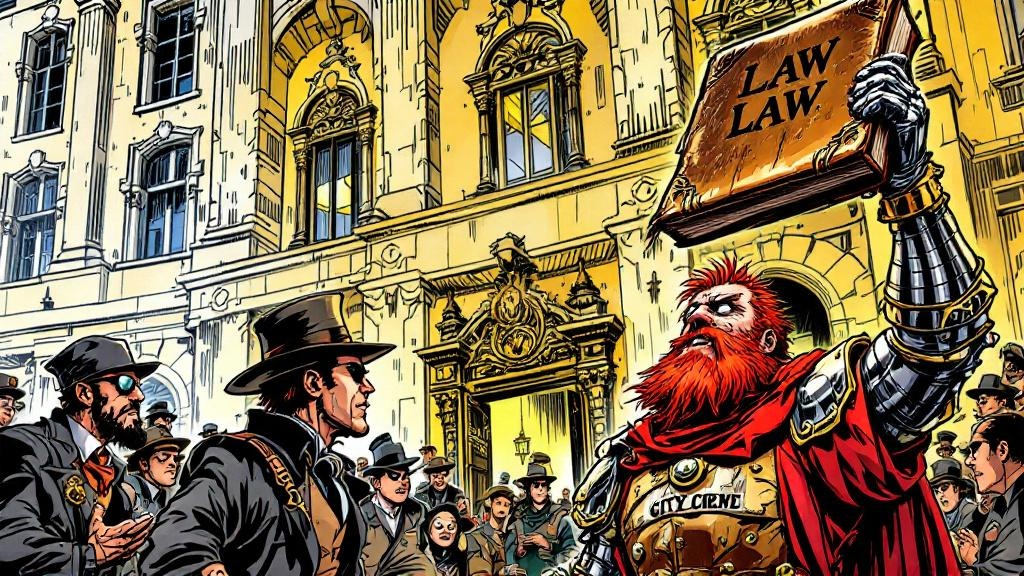 Carrot towering over a shocked Thieves' Guild leader, holding up the Laws and Ordinances book in one hand while guild members look on in disbelief