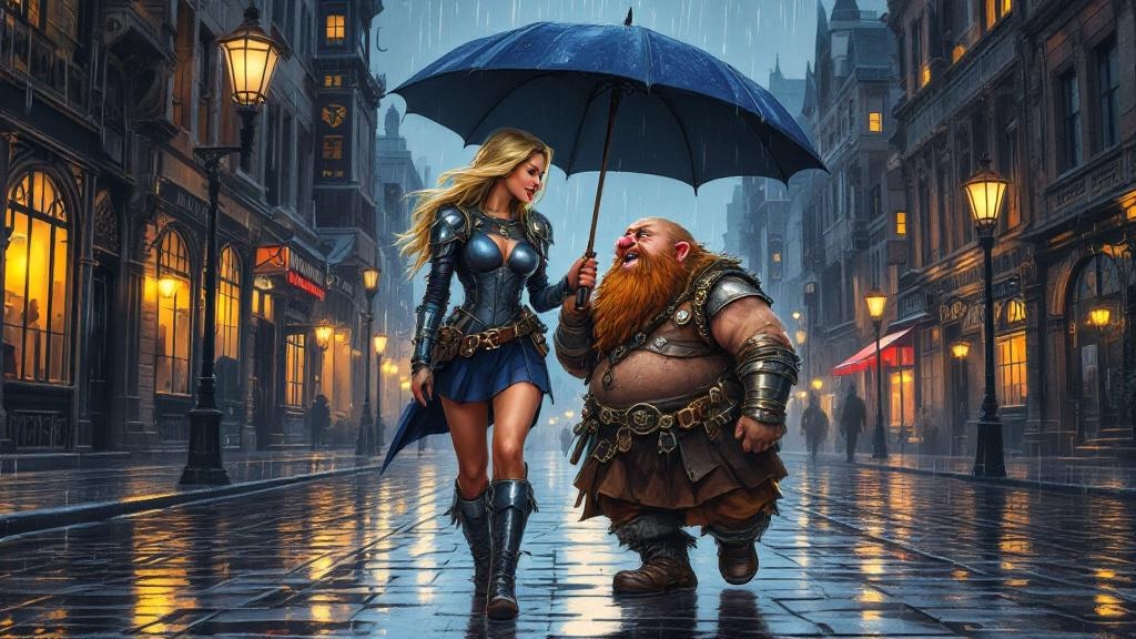A tall blonde woman and a short bearded dwarf with lipstick walking together through rainy Ankh-Morpork streets, sharing an umbrella