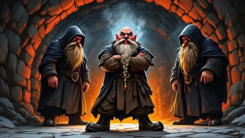 A small dwarf with lipstick and a beard standing firm while towering hooded dwarfs in deep-downer regalia loom disapprovingly around her