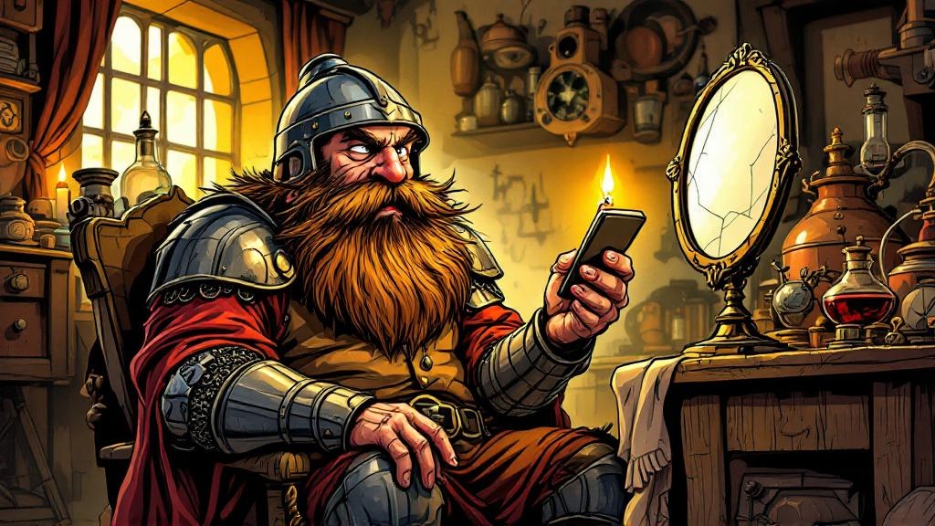 A bearded dwarf in an iron helmet carefully applying lipstick, reflected in a small cracked mirror in a cluttered Watch House room