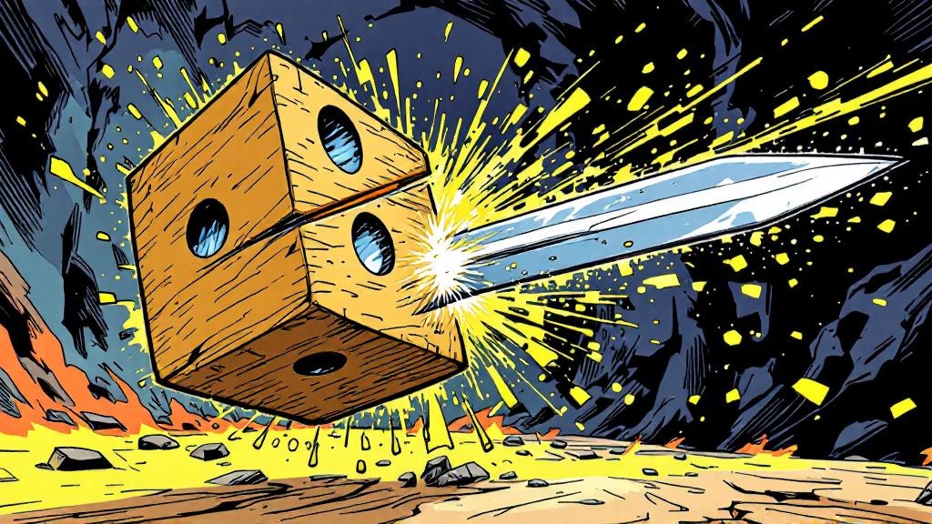 A sword blade slicing through a wooden die in mid-air, with both halves showing 6 and 1, while an elderly barbarian grins triumphantly