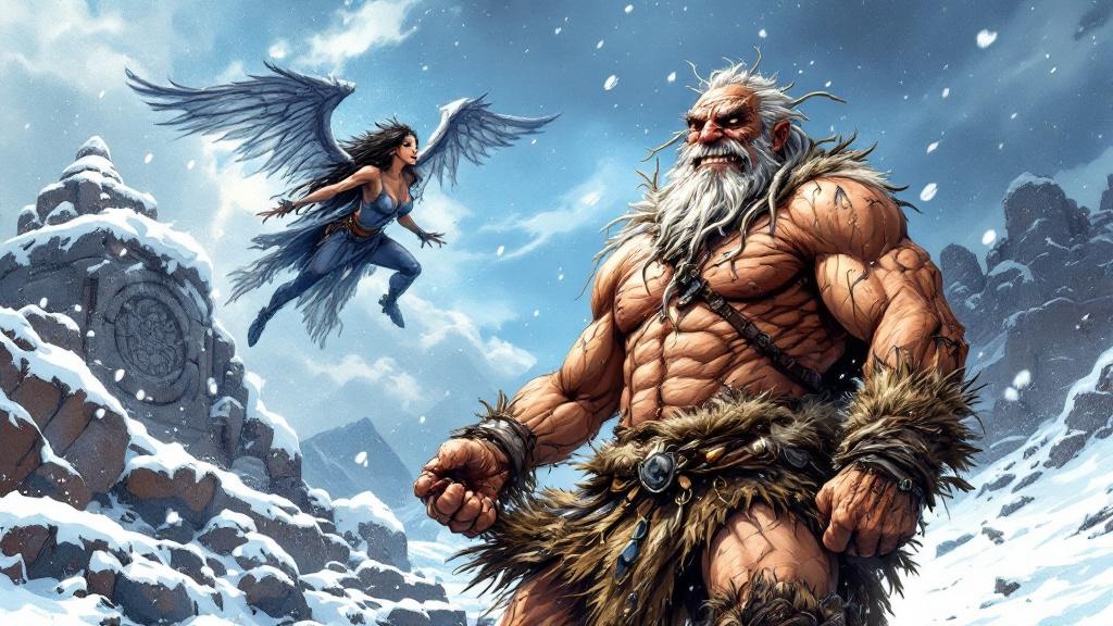 An elderly but muscular barbarian warrior with a long white beard rescuing a woman from a stone altar, wearing only a loincloth in the snow