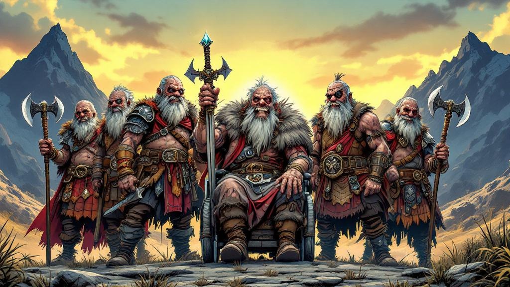 Seven elderly barbarian warriors standing together in battle gear, each scarred and weathered but defiant, with the leader wearing diamond dentures that gleam when he grins