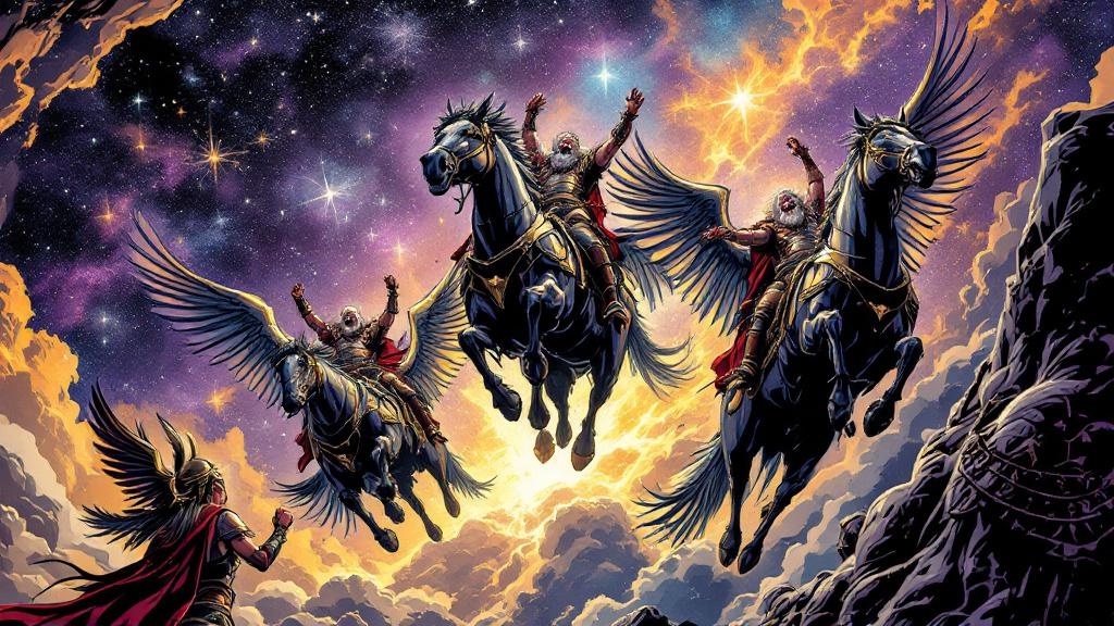 Elderly barbarian warriors mounted on armored flying horses, riding away into a starlit sky while valkyries shout in frustration below