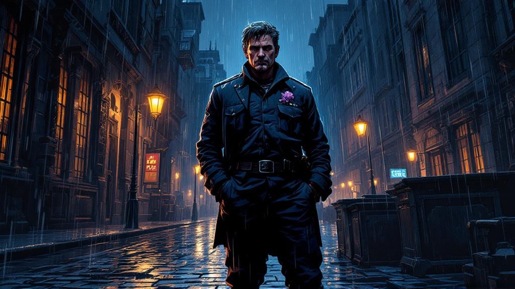 Sam Vimes standing alone on a rain-soaked barricade at night with a lilac sprig in his lapel