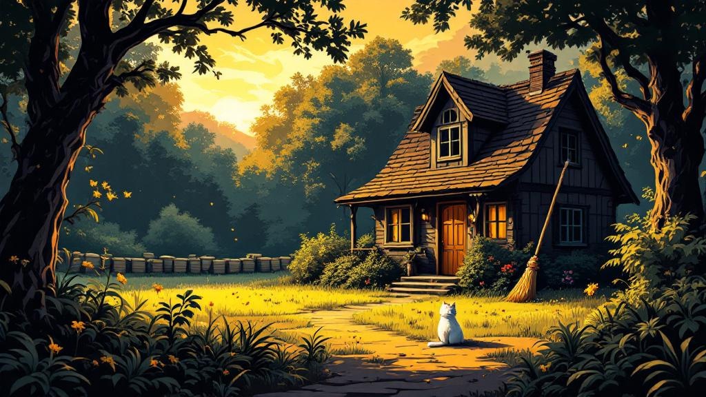 An empty witch's cottage with a broom propped against the door, bathed in golden sunset light