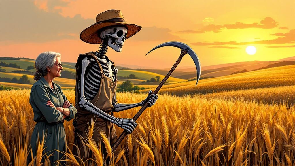 Death as Bill Door, working in wheat fields under golden sunlight, scythe in hand, Miss Flitworth watching from nearby