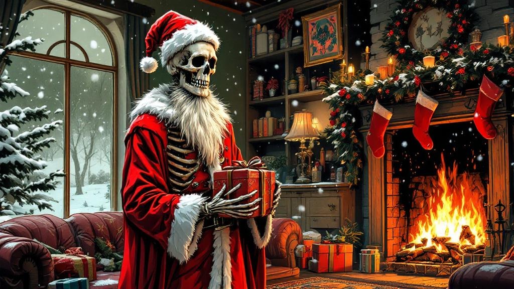 Death in a red Hogfather costume with fake beard, standing in a snowy living room holding presents, looking slightly confused
