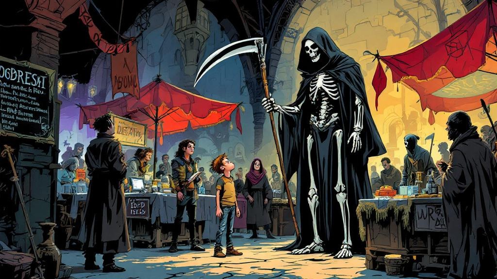 Death standing among confused employers at a job fair, with young Mort looking up at him uncertainly