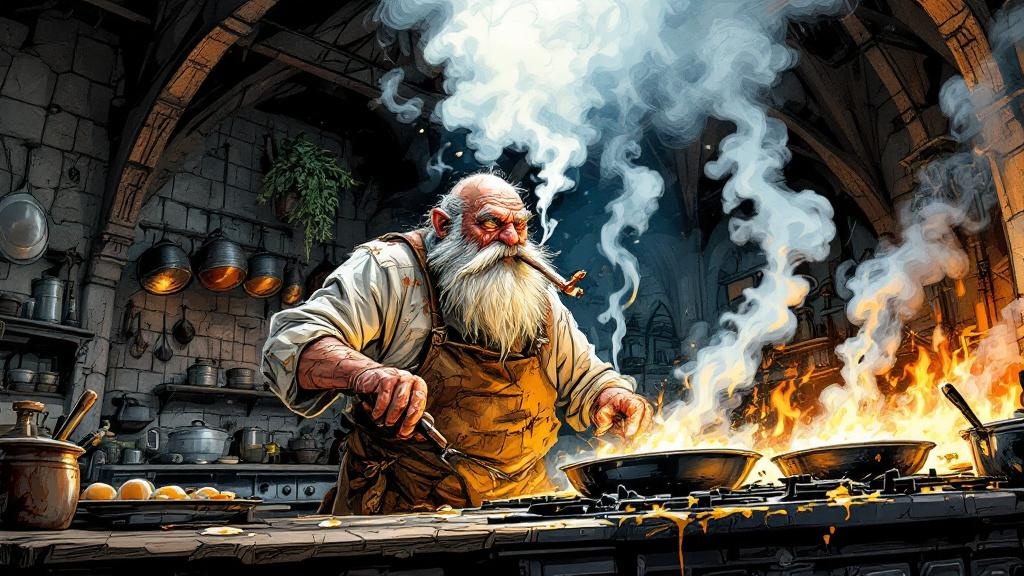 A grizzled old man in a stained apron aggressively frying eggs in a dark gothic kitchen, smoke billowing from three separate pans on an enormous iron stove