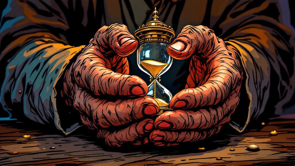 Gnarled hands clutching a tiny hourglass with barely a pinch of sand remaining, candlelight casting long shadows across the glass