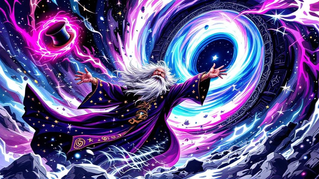 A wild-eyed wizard in elaborate robes being hurled through a swirling vortex of magical energy toward a dark doorway shaped like an hourglass