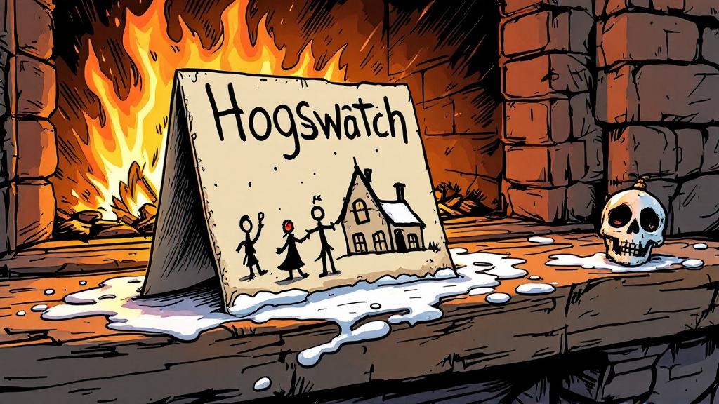 A Hogswatch card on a mantelpiece showing a crudely drawn scene, the snow decoration melted into a puddle