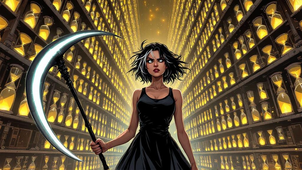 A young woman with a white streak in dark hair standing in a vast dark room filled with hourglasses, looking angry